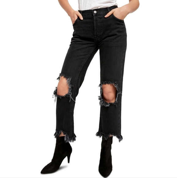 We The‎ Free Black Maggie Mid-Rise Straight Jeans Distressed 31 - Picture 1 of 9
